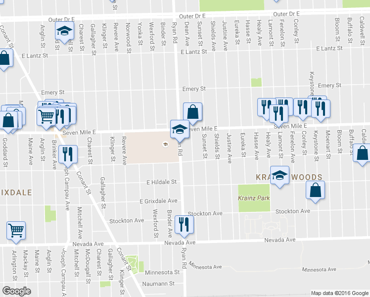map of restaurants, bars, coffee shops, grocery stores, and more near 18858 Ryan Road in Detroit