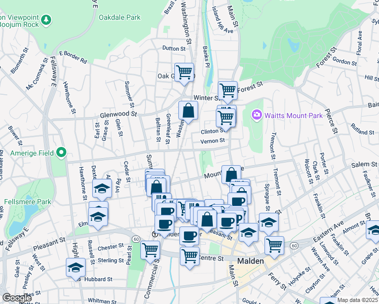 map of restaurants, bars, coffee shops, grocery stores, and more near 92 Clifton Street in Malden
