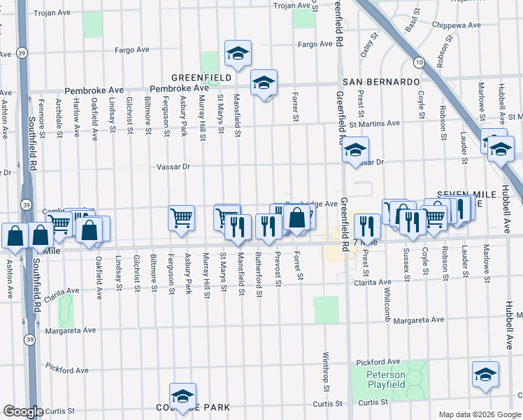 map of restaurants, bars, coffee shops, grocery stores, and more near 19206 Rutherford Street in Detroit