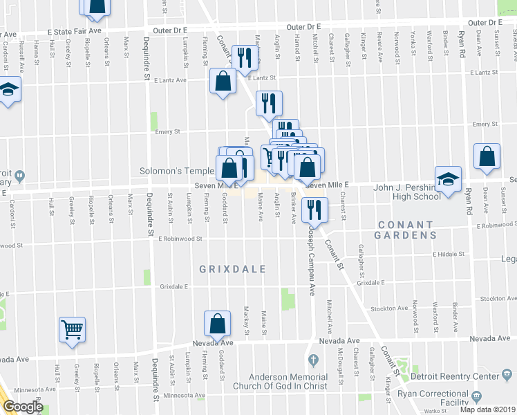 map of restaurants, bars, coffee shops, grocery stores, and more near 18903 Maine Street in Detroit