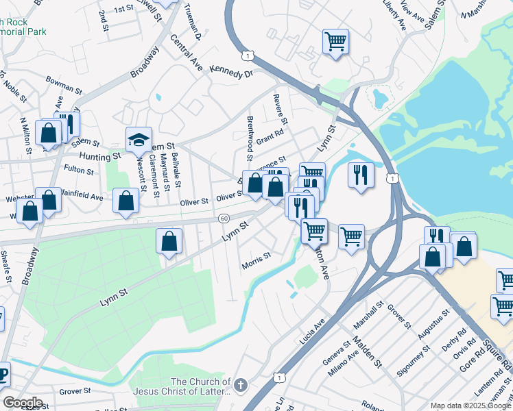 map of restaurants, bars, coffee shops, grocery stores, and more near 1556 Eastern Avenue in Malden