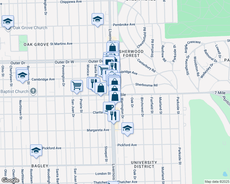 map of restaurants, bars, coffee shops, grocery stores, and more near 19131 Warrington Drive in Detroit