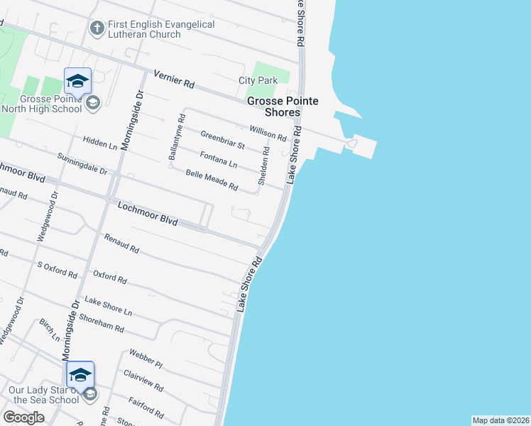 map of restaurants, bars, coffee shops, grocery stores, and more near 725 Lake Shore Road in Grosse Pointe Shores