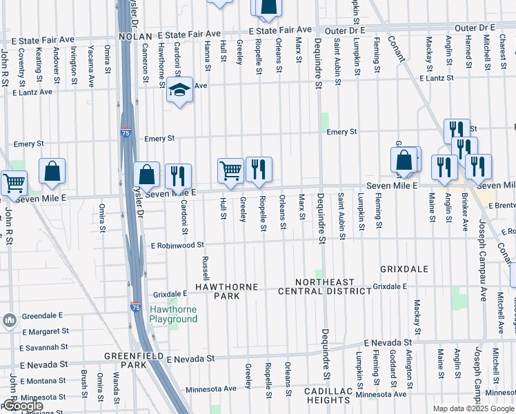 map of restaurants, bars, coffee shops, grocery stores, and more near 18911 Riopelle Street in Highland Park
