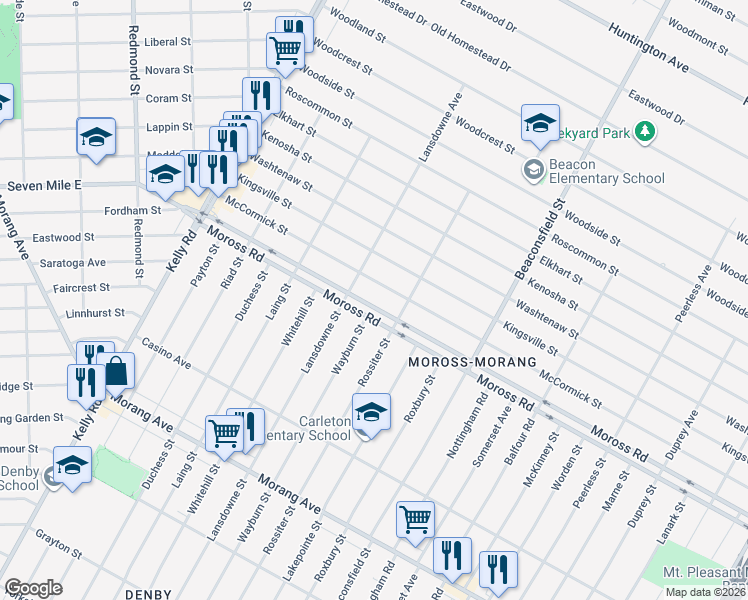 map of restaurants, bars, coffee shops, grocery stores, and more near 19155 Moross Road in Detroit
