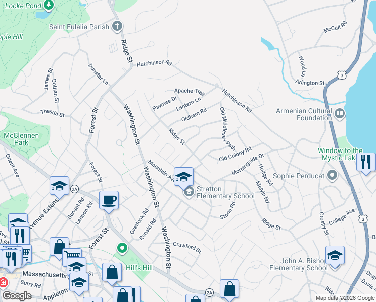 map of restaurants, bars, coffee shops, grocery stores, and more near 342 Ridge Street in Arlington