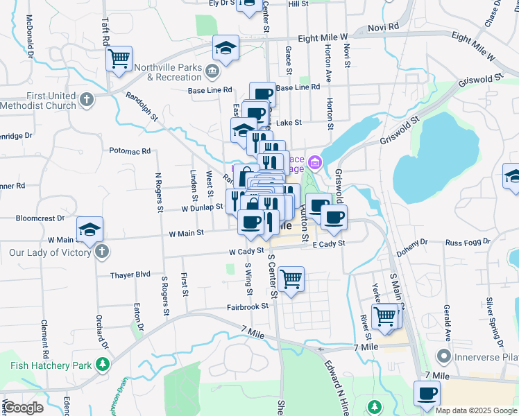 map of restaurants, bars, coffee shops, grocery stores, and more near 145 North Center Street in Northville