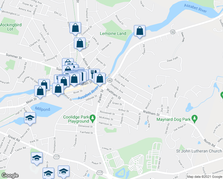 map of restaurants, bars, coffee shops, grocery stores, and more near 24 Waltham Street in Maynard