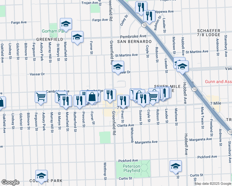 map of restaurants, bars, coffee shops, grocery stores, and more near 19200 Greenfield Road in Detroit