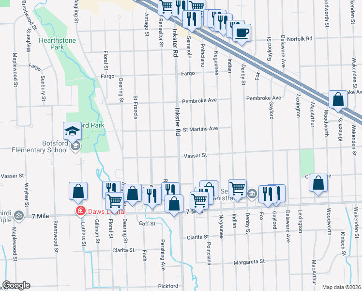 map of restaurants, bars, coffee shops, grocery stores, and more near 19444 Inkster Road in Redford Charter Township