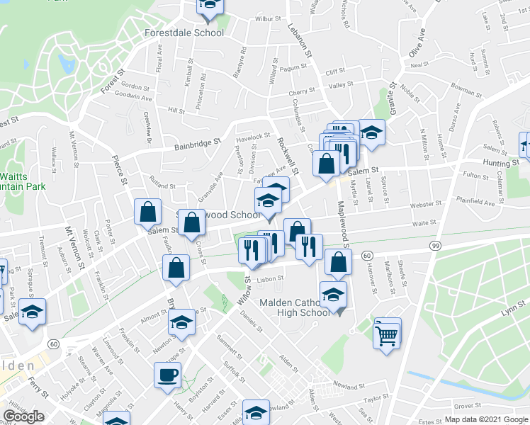 map of restaurants, bars, coffee shops, grocery stores, and more near 522 Salem Street in Malden