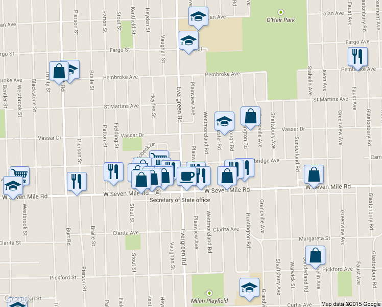 map of restaurants, bars, coffee shops, grocery stores, and more near 19325 Plainview Ave in Detroit