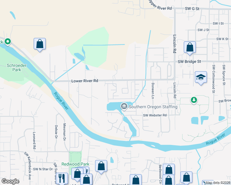 map of restaurants, bars, coffee shops, grocery stores, and more near 799 Bentley Drive in Grants Pass