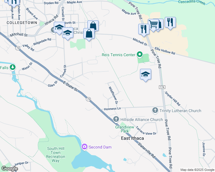 map of restaurants, bars, coffee shops, grocery stores, and more near 240 Wildflower Drive in Ithaca