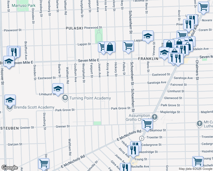 map of restaurants, bars, coffee shops, grocery stores, and more near 18651 Alcoy Avenue in Detroit