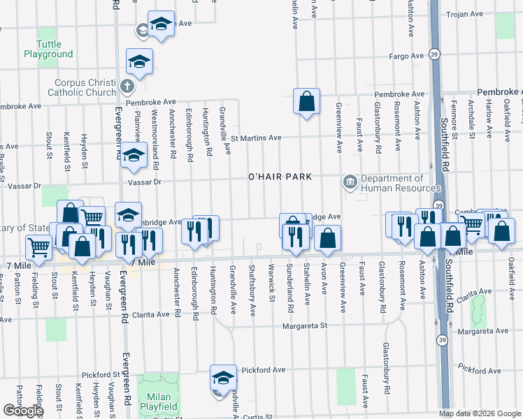map of restaurants, bars, coffee shops, grocery stores, and more near 19315 Warwick St in Detroit