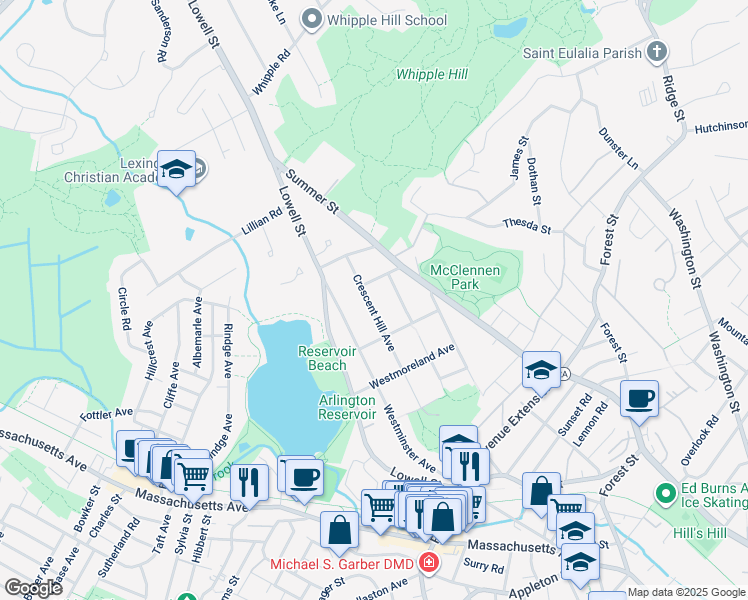 map of restaurants, bars, coffee shops, grocery stores, and more near 125 Crescent Hill Avenue in Arlington