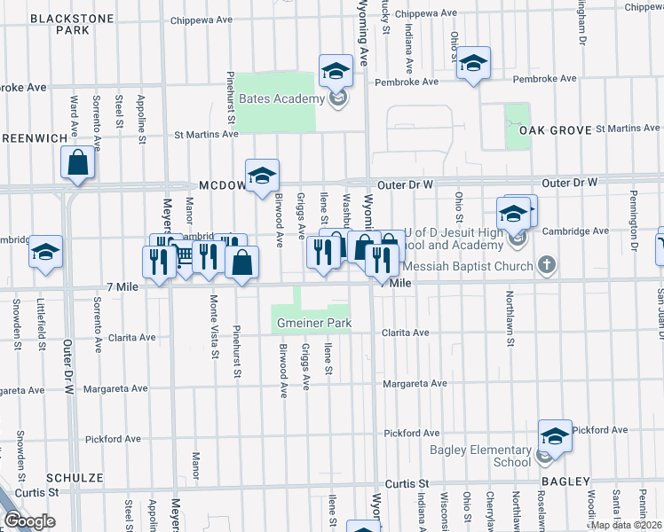 map of restaurants, bars, coffee shops, grocery stores, and more near 19134 Ilene Street in Detroit