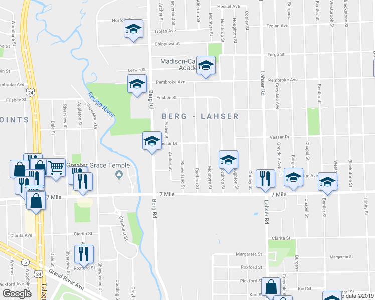 map of restaurants, bars, coffee shops, grocery stores, and more near 19294 Beaverland Street in Detroit