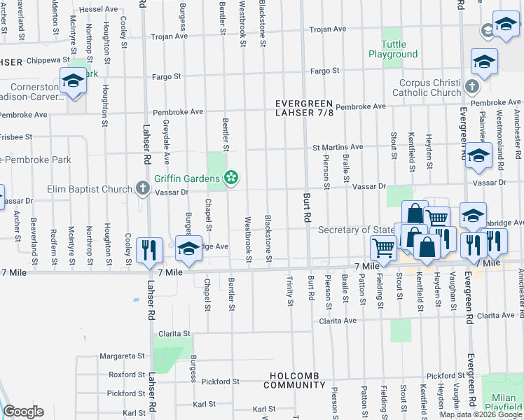 map of restaurants, bars, coffee shops, grocery stores, and more near 19341 Blackstone Street in Detroit
