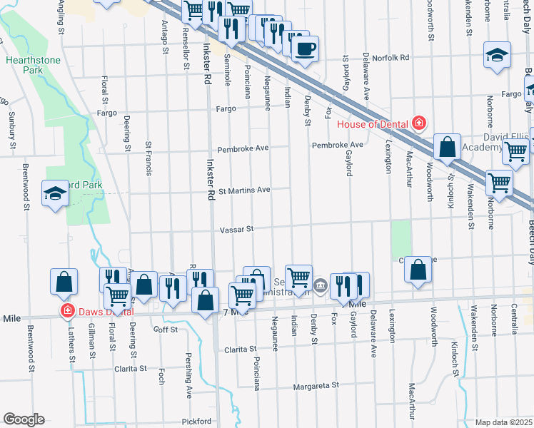 map of restaurants, bars, coffee shops, grocery stores, and more near 19435 Negaunee in Redford Charter Township