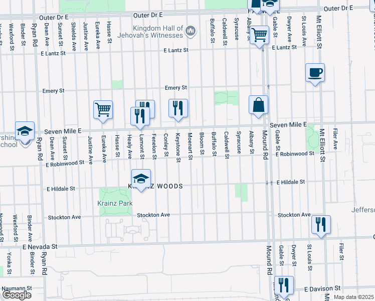 map of restaurants, bars, coffee shops, grocery stores, and more near 18827 Moenart Street in Detroit