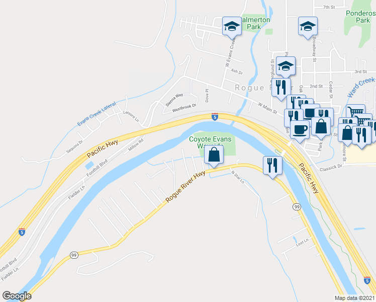map of restaurants, bars, coffee shops, grocery stores, and more near 140 Landsiedel Lane in Grants Pass