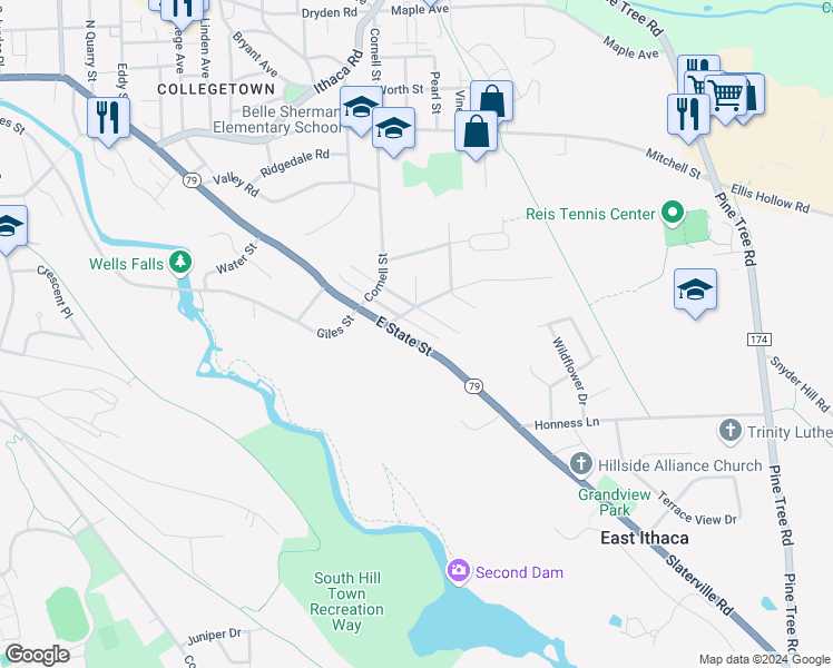 map of restaurants, bars, coffee shops, grocery stores, and more near 1310 East State Street in Ithaca