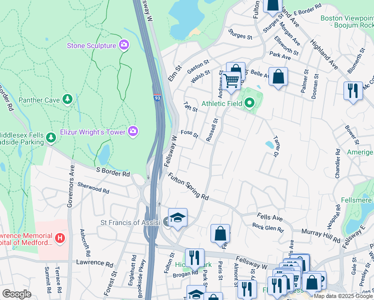 map of restaurants, bars, coffee shops, grocery stores, and more near 29 Gordon Road in Medford