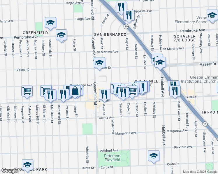 map of restaurants, bars, coffee shops, grocery stores, and more near 19203 Whitcomb in Detroit