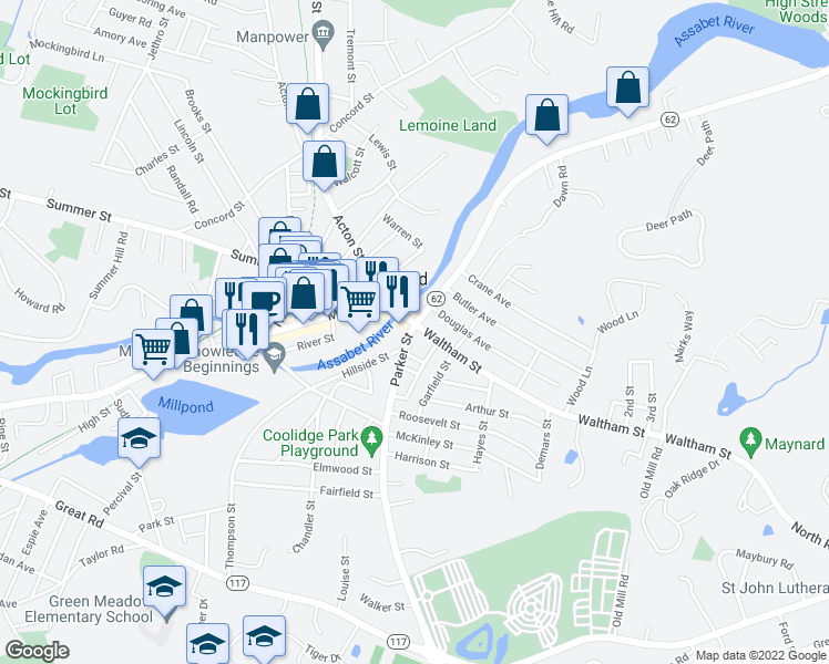 map of restaurants, bars, coffee shops, grocery stores, and more near 6 Parker Street in Maynard