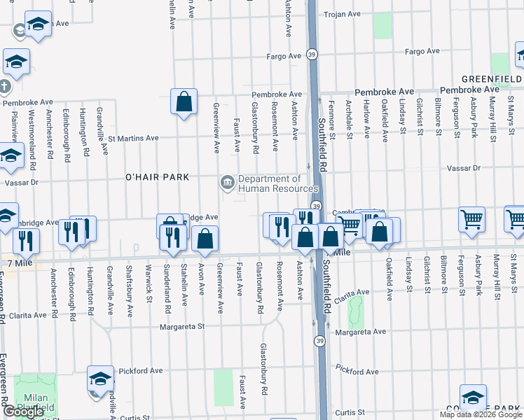 map of restaurants, bars, coffee shops, grocery stores, and more near 19308 Glastonbury Road in Detroit