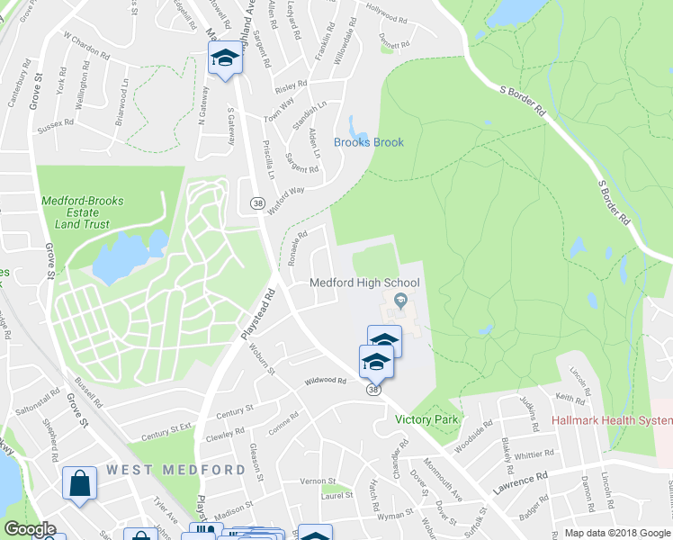 map of restaurants, bars, coffee shops, grocery stores, and more near 13 Headland Way in Medford