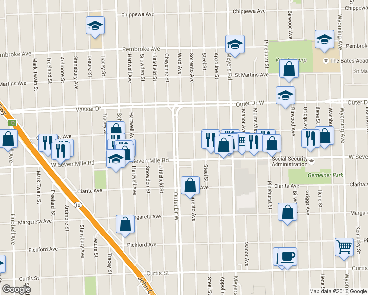 map of restaurants, bars, coffee shops, grocery stores, and more near 4893 Outer Drive West in Detroit
