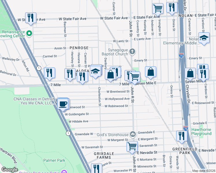 map of restaurants, bars, coffee shops, grocery stores, and more near 245w West Seven Mile Road in Detroit