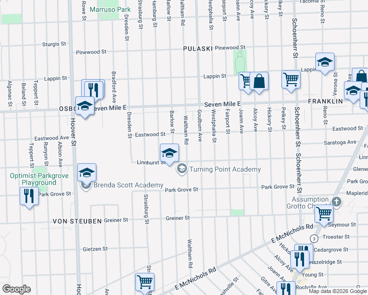 map of restaurants, bars, coffee shops, grocery stores, and more near 18659 Waltham Street in Detroit