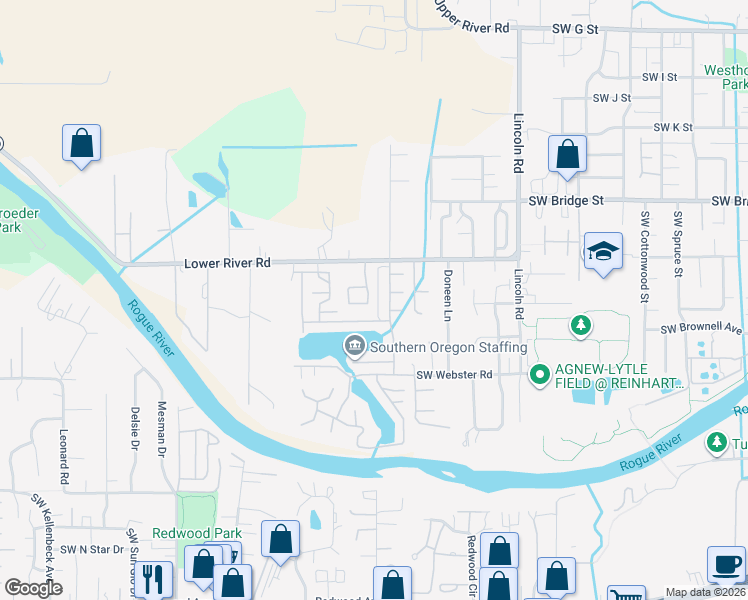 map of restaurants, bars, coffee shops, grocery stores, and more near 729 SW Kinsington Ct in Grants Pass