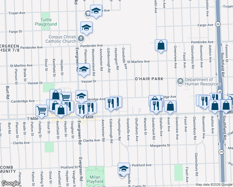 map of restaurants, bars, coffee shops, grocery stores, and more near 19319 Huntington Road in Detroit