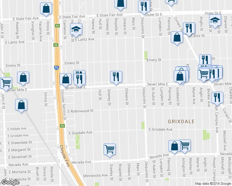 map of restaurants, bars, coffee shops, grocery stores, and more near 18915 Riopelle Street in Highland Park