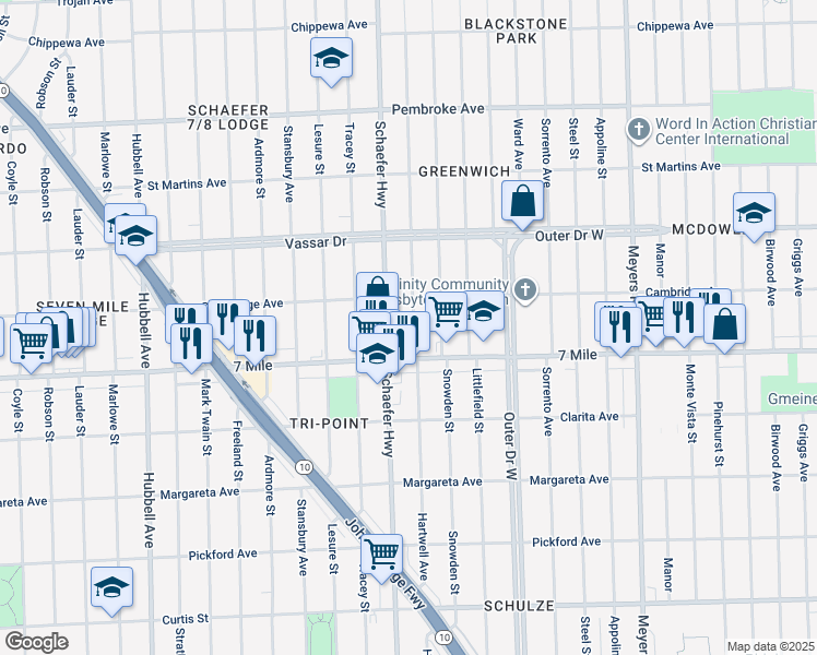 map of restaurants, bars, coffee shops, grocery stores, and more near 19158 Hartwell Avenue in Detroit