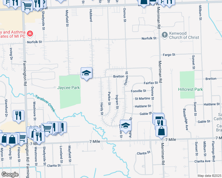 map of restaurants, bars, coffee shops, grocery stores, and more near 19680 Parker Street in Livonia