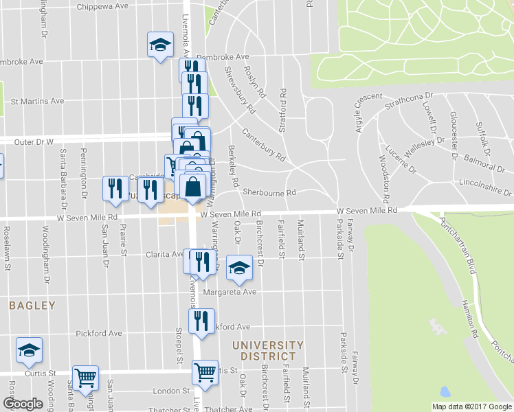 map of restaurants, bars, coffee shops, grocery stores, and more near 3500 West Seven Mile Road in Detroit