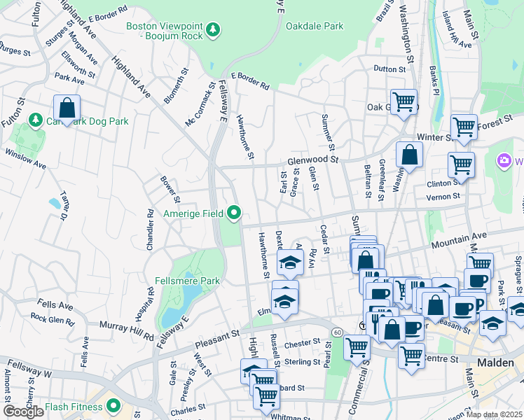 map of restaurants, bars, coffee shops, grocery stores, and more near 129 Hawthorne Street in Malden