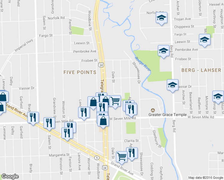 map of restaurants, bars, coffee shops, grocery stores, and more near 19313 Dale St in Detroit