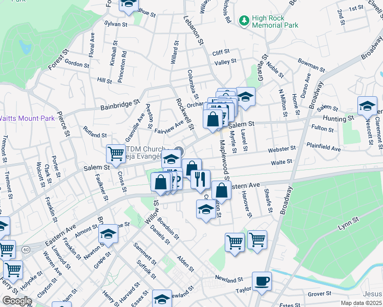 map of restaurants, bars, coffee shops, grocery stores, and more near 563 Salem Street in Malden