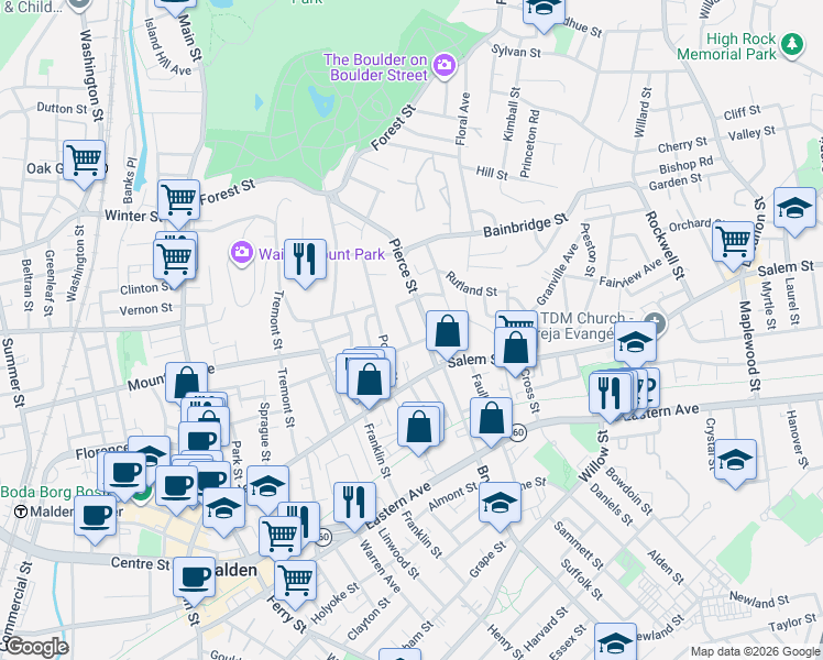 map of restaurants, bars, coffee shops, grocery stores, and more near 18 Kenilworth Street in Malden