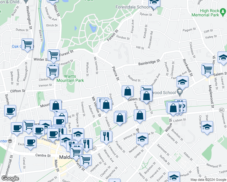 map of restaurants, bars, coffee shops, grocery stores, and more near 18 Kenilworth Street in Malden
