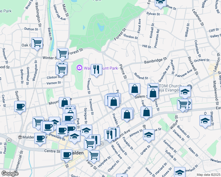 map of restaurants, bars, coffee shops, grocery stores, and more near 75 Wolcott Street in Malden