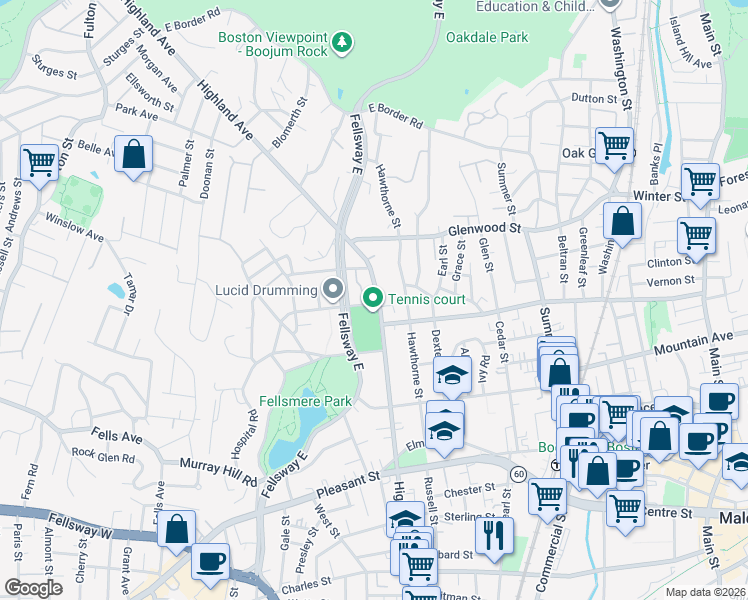 map of restaurants, bars, coffee shops, grocery stores, and more near in Malden