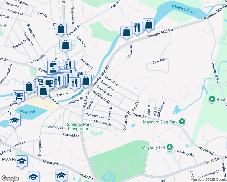 map of restaurants, bars, coffee shops, grocery stores, and more near 34-36 Butler Avenue in Maynard